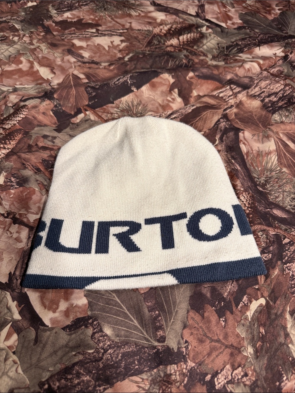 Burton Cream Beanie with Navy Logo Trim reversible
